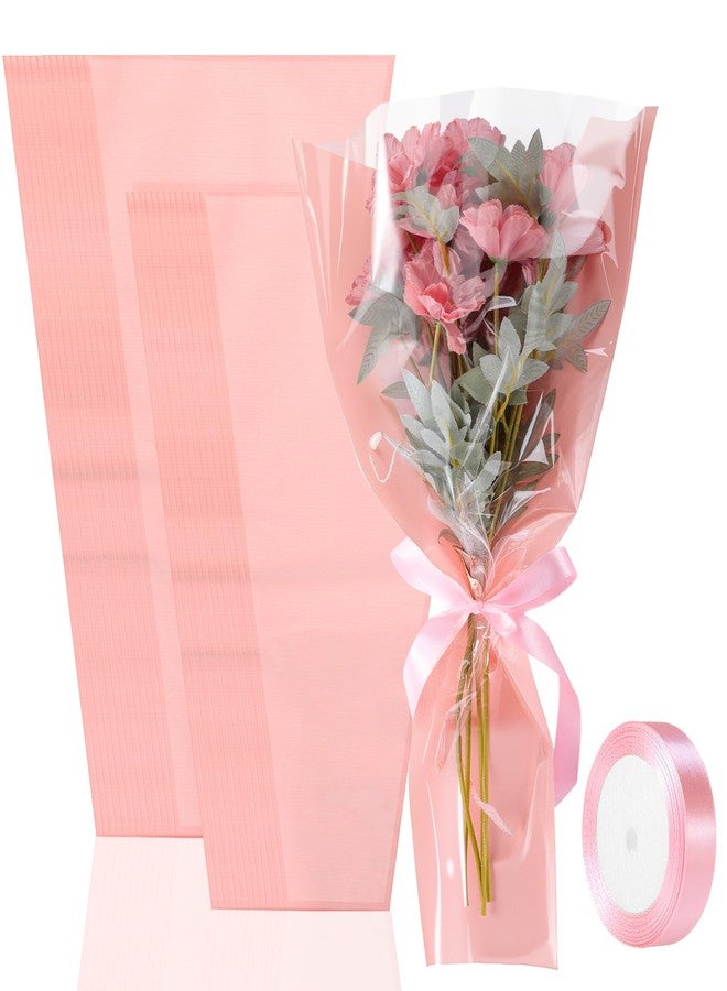 Fullhawl 50 Pcs Flower Bouquet Wrapping Bags 9.8 x 17.9 Inch and 14.2 x 22 Inch Valentine's Kraft Paper Flower Sleeves Floral Bags with Ribbons for Mother's Day Bouquet Wedding Birthday (Pink) - Image 1